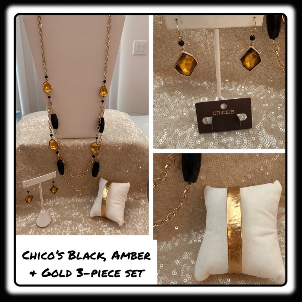 Chicos Black Amber Gold Necklace Dangle Earrings And Hammered Bracelet 41$